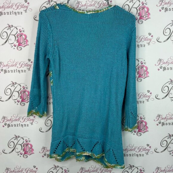 Moffi international sweater tassle beads Teal Knit Sweater with Yellow Accents - Picture 2 of 9